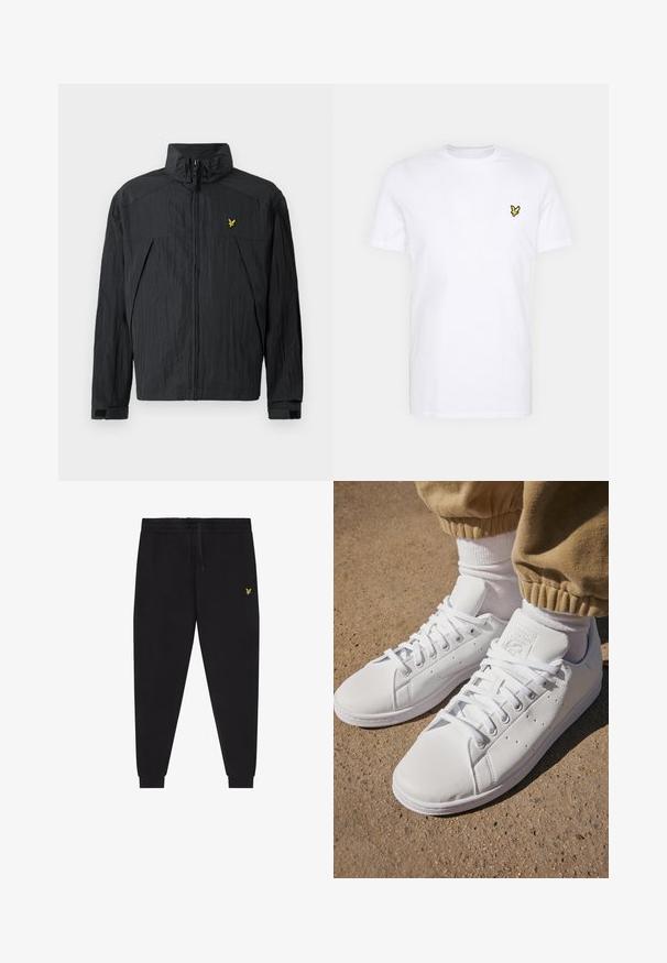 Black lightweight jacket with a crinkled texture, high collar, front zipper, and a small yellow logo accent on the chest.; White cotton T-shirt featuring a small black and yellow embroidered logo on the left chest. Short sleeves and a crew neckline.; Black jogger pants with elastic waistband and drawstring, tapered legs with cuffs, and small yellow embroidered logo on right thigh.; White leather sneakers with a smooth surface, featuring a classic lace-up design, perforations for breathability, and a textured rubber outsole.
