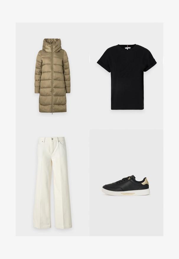 Khaki puffer coat with a high collar and full front zipper, featuring horizontal quilted design and smooth texture.; Black cotton t-shirt with rolled short sleeves, featuring an embossed logo in the center and a small flag accent on the side.; Wide-leg white jeans made from cotton blend fabric. Features a zipper fly, five-pocket design, and stitching along the seams.; Black leather sneaker with a smooth texture, white rubber sole, gold accents on the heel and eyelets, featuring a logo on the side.