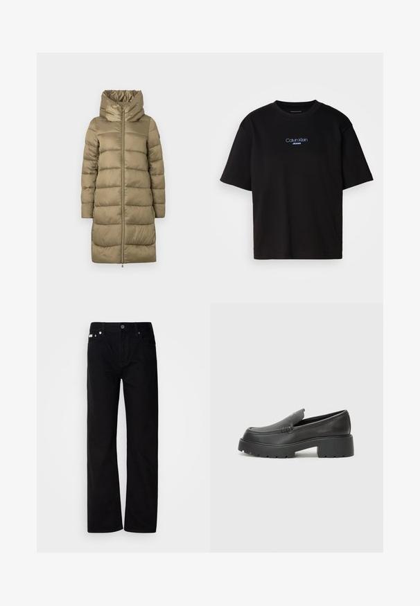 Abrigo de plumas color caqui con cuello alto y cierre frontal completo, con un diseño de acolchado horizontal y textura suave.; Camiseta de algodón negra con cuello redondo, manga corta y el logotipo azul bordado de "Calvin Klein JEANS" en el frente.; Pantalones de mezclilla negros de pierna recta con cinco bolsillos, remaches plateados y cierre de botones. La tela tiene un acabado liso y ligeramente texturizado.; Mocasines de piel negra con punta redondeada, suela texturizada gruesa y mínimos detalles de costura. Diseño elegante sin cordones o herrajes visibles.