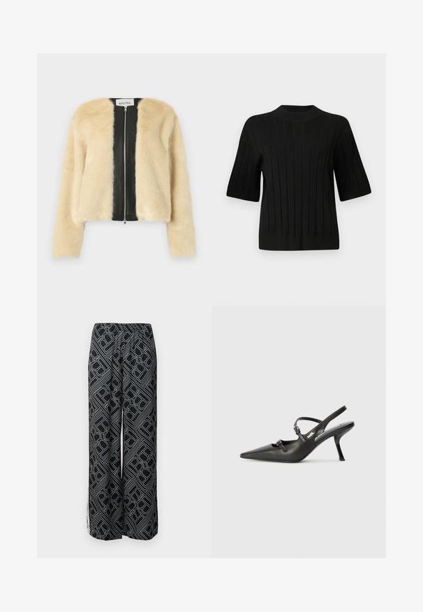 Faux fur-jacka med en krämfärgad framdel, svart läderbakstycke, dragkedjeslutning och långa ärmar. Mjuk textur, kort design.; Svart kortärmad tröja med ribbad textur och hög krage, med vertikala linjer och en figurnära silhuett.; Breda byxor i svart tyg med ett vitt geometriskt mönster. Elastisk midja, flödande design och sidoflikar.; Svarta läderklackar med slingback, spetsig tå, smal klack och dekorativ spänndetalj på ovansidan. Slät struktur och stilren design.