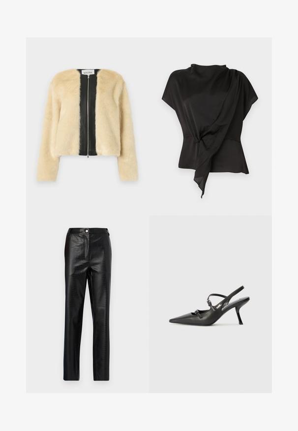 Faux fur jakke med en cremefarvet front, bag i sort læder, lynlåslukning og lange ærmer. Blød tekstur, cropped design.; Sort bluse lavet af glat stof, med en draperet design og en knyttet detalje ved taljen samt korte ærmer.; Sorte faux læderbukser med krokodillemønster, slim fit, lige ben design, med frontknaplukning og standard taljebånd.; Sorte læder slingback hæle med spids tå, slank hæl og dekorativ spænde detalje på vampen. Glat tekstur og strømlinet design.