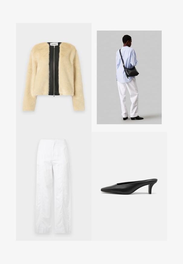 Jachetă din blană sintetică cu față crem, spate din piele neagră, închidere cu fermoar și mâneci lungi. Textură moale, design scurt.; Tricou negru din bumbac, cu mâneci scurte, gât rotund și un mic logo alb "Calvin Klein" pe piept. Textură netedă, croială clasică.; Pantaloni albi cu croială largă, fabricați dintr-un material ușor, având o textură netedă, linii curate și un design cu talie înaltă.; Mule-uri negre din piele cu vârful ascuțit și toc stiletto mic. Textură netedă, design minimalist și spate deschis pentru un confort sporit.; Geantă de umăr din piele neagră cu o textură moale, formă triunghiulară și curea ajustabilă, asortată cu o bluză cu dungi albastre deschise și pantaloni albi.
