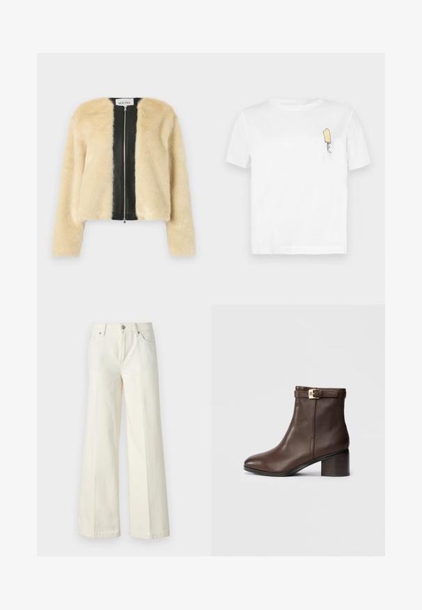 Faux fur-jacka med en krämfärgad framdel, svart läderbakstycke, dragkedjeslutning och långa ärmar. Mjuk textur, kort design.; Vit bomull t-shirt med korta ärmar som har en minimalistisk, broderad gul glasspinne som grafik på vänster bröstområde.; Vida vida vita vita vida vita vida vita vita vida vita vitala vita.; Brun läderankelboot med rund tå, låg klack och en dekorativ spännband vid vristen. Slät textur och elegant design.