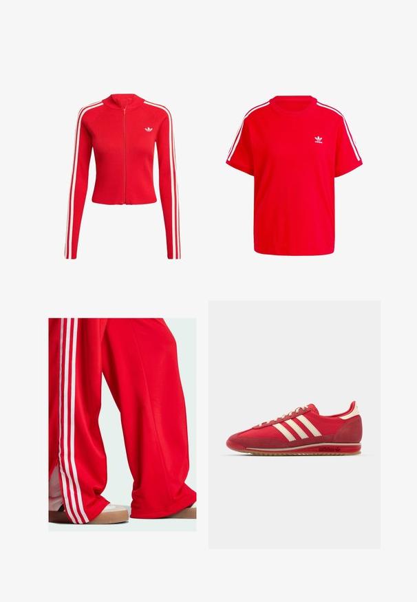 Rød ribbet zip-up jakke med lange ærmer, med hvide sidelængdestriber og et lille hvidt logo på brystet.; Rød bomulds T-shirt med rund halsudskæring, korte ærmer, hvide tre-stribede detaljer på skuldrene og et lille hvidt logo på brystet.; Røde træningsbukser med hvide striber langs siderne, der har en løs pasform og lynlåsdetalje i kanten. Båret med lyse sportsko.; Rød atletisk sneakers med en tekstureret overdel, tre hvide striber, rund tå og gummisål med logodetaljer på siden.