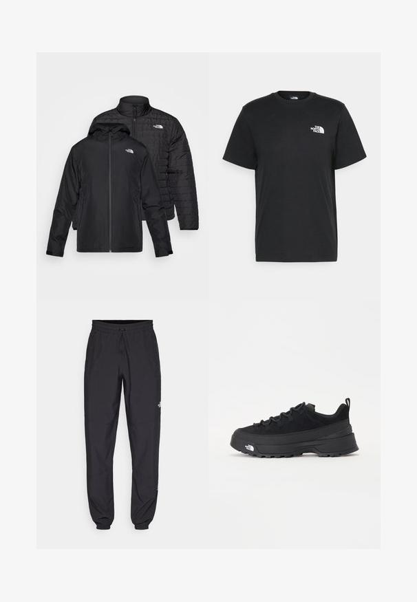 Két fekete dzseki egymásra rakva: az egyik egy puffadt, steppelt dzseki magas gallérral; a másik egy könnyű dzseki kapucnival és cipzárral.; Fekete pamut póló, rövid ujjú, kerek nyakkivágással és egy kis fehér logóval a bal mellrészen. Egyszerű dizájn, sima textúra és laza fazon.; Fekete sportnadrág, könnyű anyagból készült, húzózsinóros derékkal, oldalsó zsebekkel és szűkített szárakkal a bokáknál.; Fekete kültéri sneaker velúr felsőrésszel, texturált gumitalppal és strapabíró fűzőrendszerrel. Megerősített sarkú és oldalán márkalogóval rendelkezik.