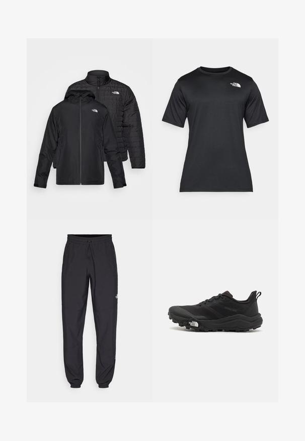 Duas jaquetas pretas empilhadas: uma é uma jaqueta acolchoada e volumosa com colarinho alto; a outra é uma jaqueta leve com capuz e fecho de zip.; Camiseta preta de manga curta feita de um tecido leve e que absorve a umidade. Apresenta um logo branco no lado esquerdo do peito e um decote redondo.; Calças atléticas pretas feitas de tecido leve, com um cós ajustável por cordão, bolsos laterais e punhos afunilados nos tornozelos.; Sapatilha de trail running preta com um upper texturizado, sola de borracha e biqueira reforçada. Possui um colarinho acolchoado e uma alça para facilitar o calçar.