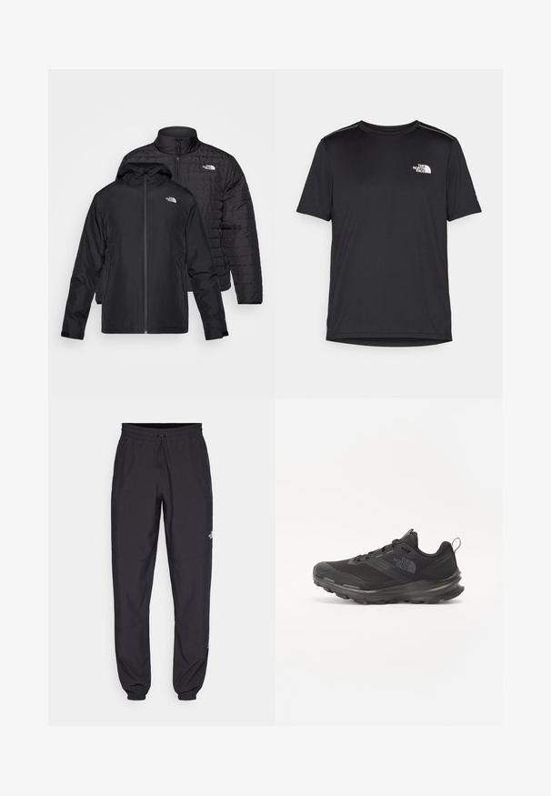 Du kartuotos juodos striukės: viena yra pūkinė, siuvinėta striukė su aukštu apykakle; kita yra lengva striukė su gobtuvu ir užtrauktuku.; Juodas trumpas rankovės marškinėliai, pagaminti iš lengvos medžiagos. Yra mažas baltas logotipas kairiajame krūtinės pusėje ir subtilūs pečių akcentai.; Juodos sportinės kelnės, pagamintos iš lengvos medžiagos, su raišteliu liemens srityje, šoniniais kišenėmis ir siaurėjantys apykaklės prie kulkšnies.; Juodos sportinės bateliai su tinklelio viršumi, guminiais padu ir paminkštintu apykakle. Yra raišteliai, logotipas šone ir tekstūruotas dizainas.