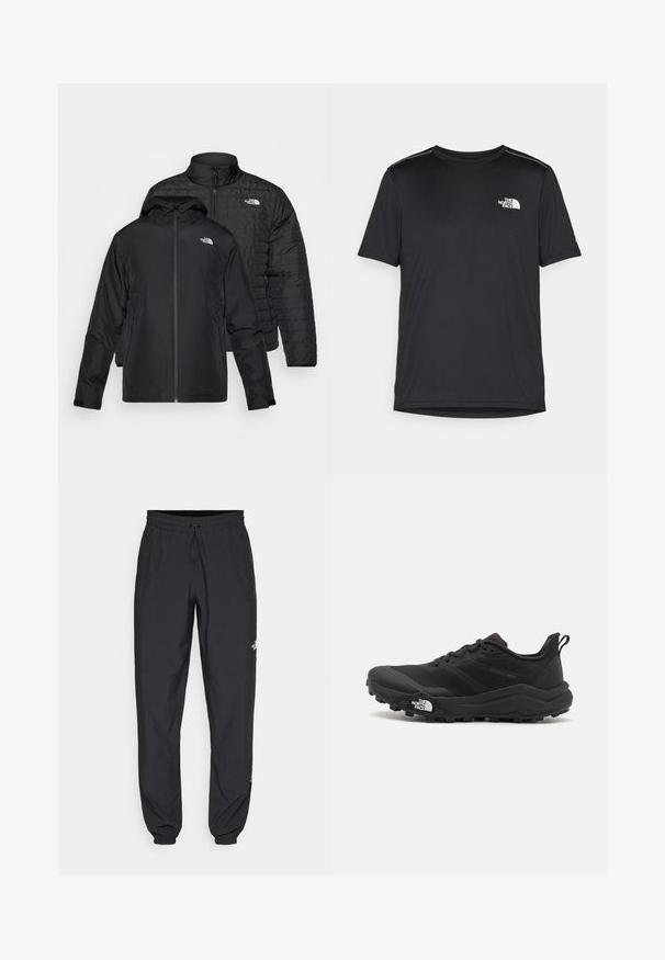 Dva črna jopiča naložena drug na drugega: en je puhasti, prešiti jopič z visokim ovratnikom; drugi je lahki jopič s kapuco in zadrgo.; Črna kratkosleevena majica iz lahkotnega materiala. Ima majhen bel logo na levem prsnem delu in diskretne poudarke na ramenskem predelu.; Črne atletske hlače iz lahkega materiala, ki imajo elastični pas z vezalko, stranske žepe in zožene manšete na gležnjih.; Črne tekaške čevlje za trail s teksturirano zgornjega dela, gumijastim podplatom in ojačanim zaključkom prstov. Vključuje oblazinjen ovratnik in zanko za enostavno obuvanje.