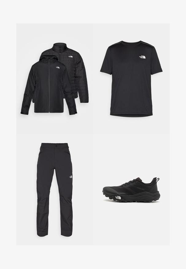 Divi melni mēteļi salikti viens uz otra: viens ir pūkains, pārklāts mētelis ar augstu apkakli; otrs ir viegls mētelis ar kapuci un rāvējslēdzēju.; Melnas īsām piedurknēm T-kreklas, izgatavots no viegla auduma. Uz kreisā krūtīm ir neliels balts logo un smalki plecu akcenti.; Melnas āra bikses ar rāvējslēdzēju priekšējā kabatā, sintētisks materiāls, sašaurinātas kājas un pastiprinātas ceļa paneļi. Iespējams, ar pogas aizdari.; Melnas taku skriešanas kurpes ar teksturētu virsu, gumijas zoli un pastiprinātu pirkstu daļu. Aprīkotas ar mīkstu apkakli un vilkšanas cilpu, lai viegli uzvilktu.