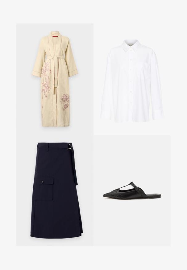 Linen robe in pale yellow with pink embroidery of plants, long sleeves, tie waist, and contrasting stitching along the edges.; White long-sleeve collared shirt made of cotton. Features a button-down front and a single chest pocket. Smooth texture, relaxed fit.; Navy blue skirt with a structured design, featuring a side cargo pocket and a metal D-ring belt accent. Made from durable fabric.; Black leather slingback shoe with a pointed toe, featuring a woven accent and pleated upper design. Flat sole with minimal hardware.