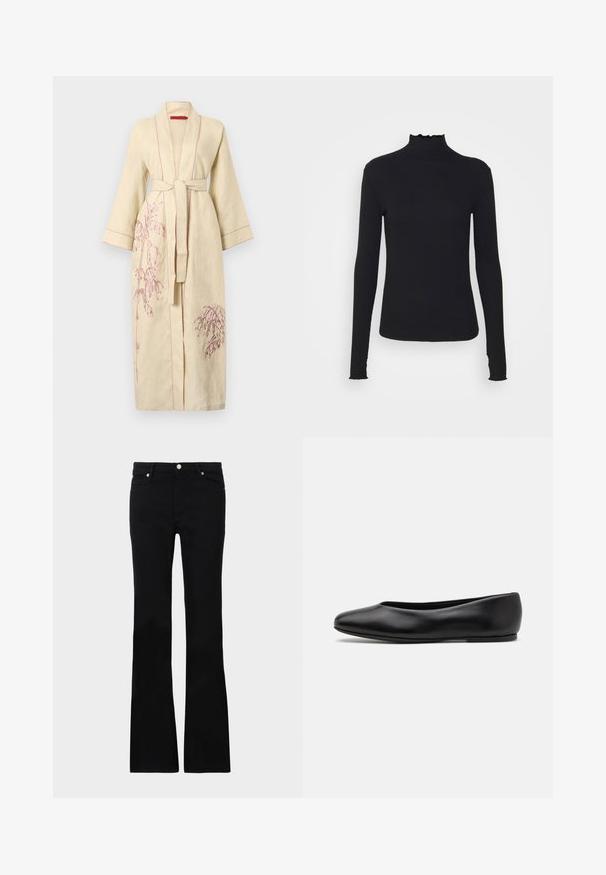 Linnenhamn i ljusgul med rosa broderier av växter, långa ärmar, knytmidja och kontrasterande sömmar längs kanterna.; Musta pitkähihainen poolotoppi, joka on valmistettu sileästä kankaasta, jossa on röyhelökaulus ja tiukka siluetti yksinkertaisilla reunoilla.; Mustat levenevät farkut, valmistettu denimi- materiaalista, varustettu kahdella etutaskulla, napin sulkimella ja sileällä pinnalla. Alussa näkyviä erityisompeleita.; Paul Smith TOPANGA - Ballerinat - black