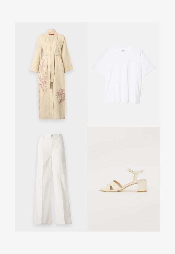 Pale sárga vászonköntös rózsaszín növényi hímezéssel, hosszú ujjak, derékmegkötő és kontrasztos varrás az élein.; Fehér pamut póló rövid ujjal, kerek nyakkivágással, laza fazonnal és varrott szegéllyel. Címke látható a belső nyakrészén.; Fehér, bővebb nadrág, amely pamutból készült, sima textúrával. Elöl gombbal, cipzáras záródással és négy zsebes kialakítással rendelkezik.; Beige lakkbőr magassarkú szandál, kereszttartós kialakítással, nyitott orral, állítható bokapánttal és tömbsarokkal. Sima textúrával.