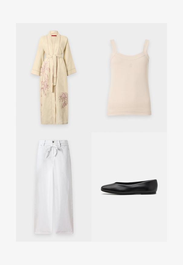 Linen robe in pale yellow with pink embroidery of plants, long sleeves, tie waist, and contrasting stitching along the edges.; Beige ribbed tank top with thin straps and a rounded neckline. Features a stitched logo on the front. Smooth texture, fitted design.; White wide-leg pants made of cotton. Features a drawstring tie at the waist and a button closure. Smooth texture with a minimalist design.; Paul Smith TOPANGA - Ballet pumps - black