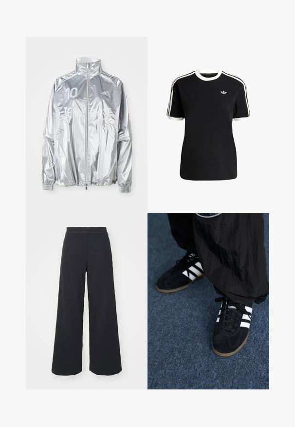Zilveren Adidas zip-up jack met hoge kraag, elastische manchetten, "10" op de linkerborst en de tekst "TEAM GAST" over de voorkant.; Zwarte katoenen t-shirt met witte accenten op de kraag en mouwen, met drie witte strepen op elke schouder en een klein logo op de borst.; Zwarte wijde sweatpants gemaakt van zachte stof, met een elastische tailleband en een klein logo aan de linkerkant.; Zwarte suède sportschoenen met drie witte strepen en zwarte veters. Een gestructureerde zwarte broek is deels zichtbaar naast de schoenen.