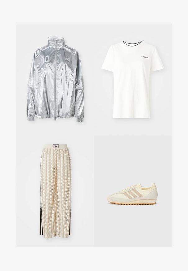 Veste zippée argentée Adidas avec col haut, poignets élastiques, "10" sur la poitrine gauche, et le texte "TEAM GAST" sur le devant.; T-shirt en coton blanc à manches courtes et à encolure ronde. Présente un logo Adidas noir sur la poitrine et un col intérieur noir contrastant.; Pantalons larges crème avec un motif en zigzag, dotés d'une ceinture logo noire et de bandes noires sur les côtés. Tissu léger et texturé.; Sneaker athlétique crème avec trois rayures beiges, en matériaux en suède et textile, une semelle texturée et une marque en relief sur le talon.
