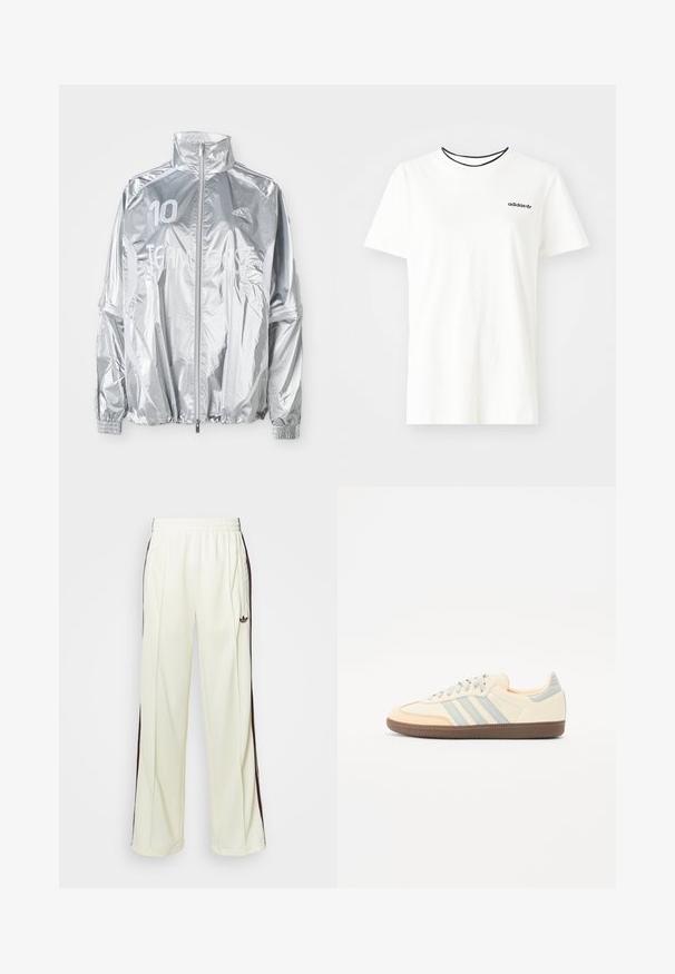Silver Adidas zip-up jacket with high collar, elastic cuffs, "10" on left chest, and "TEAM GAST" text across front.; White cotton t-shirt with short sleeves and a round neckline. Features a black Adidas logo on the chest and a contrasting black inner collar.; Cream-colored sweatpants with a relaxed fit, featuring dark brown side stripes and an embroidered logo on the left thigh.; Sneakers with a cream leather upper, light blue stripes, and peach accents. Features a textured brown rubber sole and minimalistic design.