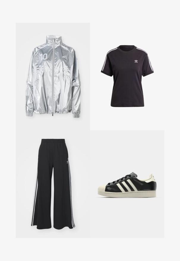 Stříbrná zipová bunda Adidas s vysokým límcem, elastickými manžetami, číslem "10" na levé straně hrudi a textem "TEAM GAST" přes přední stranu.; Černé bavlněné tričko s krátkým rukávem a kulatým výstřihem, na ramenou s bílými pruhy a malým bílým logem Adidas na hrudi.; Černé pohodlné tepláky širokého střihu s elastickým pasem, na boční straně s bílými pruhy a vyšitým logem na levé stehně.; Černé kožené sneakers s bílými pruhy, gumovou špičkou, černými tkaničkami a krémovou podešví. Hladký povrch s lesklým finišem.