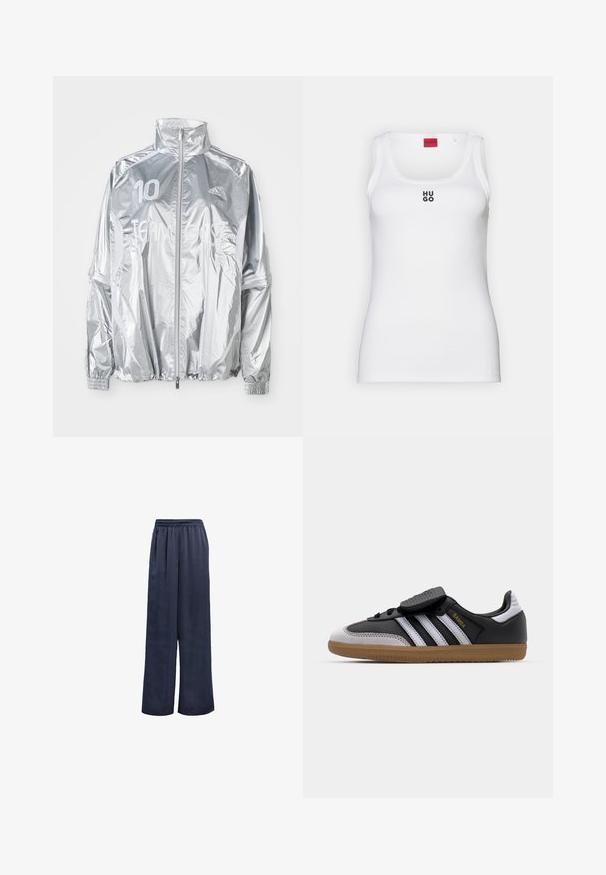 Hõbe värvi Adidas'i tõmblukujope kõrge kraega, elastsete mansettidega, vasakul rinnal number "10" ja ees tekst "TEAM GAST."; Valge puuvillane top, millel on lihtne disain, ümar kaelus ja must "HUGO" logo keskel. Sile tekstuur.; Tumed laiad püksid, mis on valmistatud siledast kangast, elastse vöökohaga ja ilma nähtava metallist detailita. Omavad vaba lõikega ja täispikkust.; Must musta ja halli suede tennisekad valgete triipudega, kummist kummitallaga, paelaga esiosaga ja Velcro rihmaga. Omab kuldset "Samba" brändi.