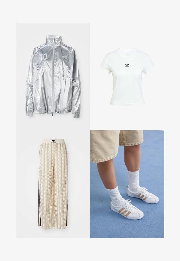 Silvrig Adidas zip-up jacka med hög krage, elastiska muddarna, "10" på vänster bröst och texten "TEAM GAST" över framsidan.; Vit bomullströja med korta ärmar och rundad halsringning. Har en svart Adidas-logga tryckt på bröstet. Enkel, minimal design.; Krämfärgade vida byxor med ett zick-zack-mönster, med en svart logoband och svarta sidostråk. Lätt och strukturerad tyg.; Vita sneakers med tre guldstrimlor, snörningsdesign, gummisula, bärs med ribbade vita strumpor och beige shorts på en blå yta.