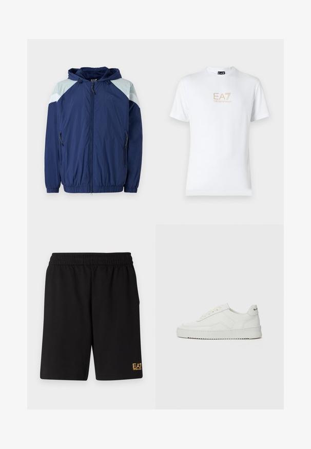 Jūras spēku vējjaka ar gaiši zilajiem akcentiem, elastīgām piedurknēm, regulējamu kapuci un kabatām ar rāvējslēdzējiem; iezīmē teksturētu, vieglu materiālu.; Balta kokvilnas t-kreklā ar apaļu kakla izgriezumu un īsām piedurknēm, ar zeltītu EA7 Emporio Armani logotipu uz priekša.; Melnas sporta šortus, kas izgatavoti no mīksta auduma, ar elastīgu jostu un mazu dzeltenu EA7 logo zem kreisā kājas stūra.; Baltas ādas sneakers ar gludu virsmu, apaļu pirkstu daļu, plakaniem šņorēm un teksturētu zoli. Satur diskrētu logotipu uz papēža.