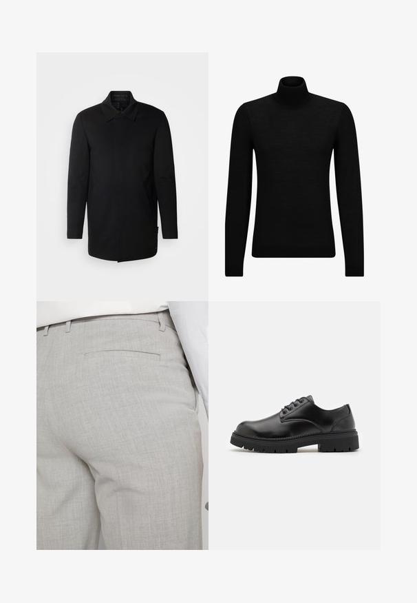 INDICODE JEANS Rövid kabát - black; Fekete garbó pulóver puha anyagból, hosszú ujjakkal és szoros fazonnal. Ribbed díszítés az alján és az ujjak végén. Egyszerű dizájn.; Világosszürke, texturált anyagból készült szabott nadrág, egyetlen hátsó zsebbel és tiszta varrással.; Fekete bőrcipő, lekerekített orral, fűzős kialakítással és vastag, texturált gumitalppal. Az élek mentén varrás található, és sima felülete van.