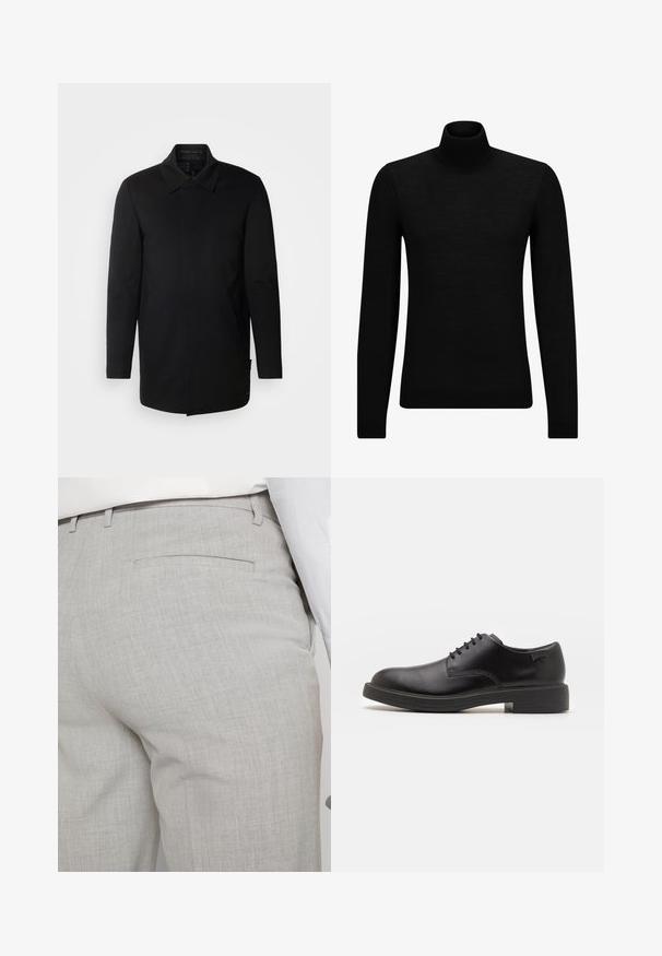 INDICODE JEANS Kratek plašč - black; Črna turtleneck pulover iz mehkega materiala, z dolgimi rokavi in tesnim prileganjem. R ibana obroba na robu in rokavih. Preprosta zasnova.; Svetlo sive hlače po meri iz teksturirane tkanine, z enim zadnjim žepom in čistim šivom.; Črne usnjene čipkaste čevlje z zaobljenim nosom, gladko teksturo, minimalnim šitjem in nizkim gumijastim peto. Logo na peti.