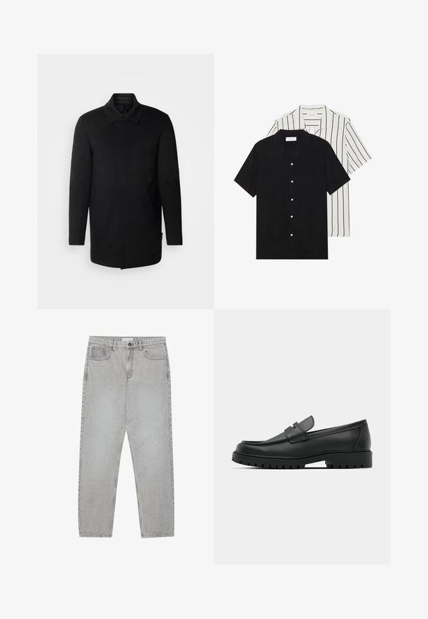 INDICODE JEANS Halflange jas - black; Twee shirts met korte mouwen: één effen zwart, één wit met zwarte verticale strepen. Beide hebben knoopsluitingen en een klassieke kraag.; Lichtgrijze denimbroek met een recht model, vijfzakkenstijl en een knoopsluiting. Zichtbare stiksels langs de naden.; Zwarte leren instappers met een ronde neus, voorzien van een gestikt ontwerp, een lage platformzool en een gestructureerde, grof rubberen buitenzool.