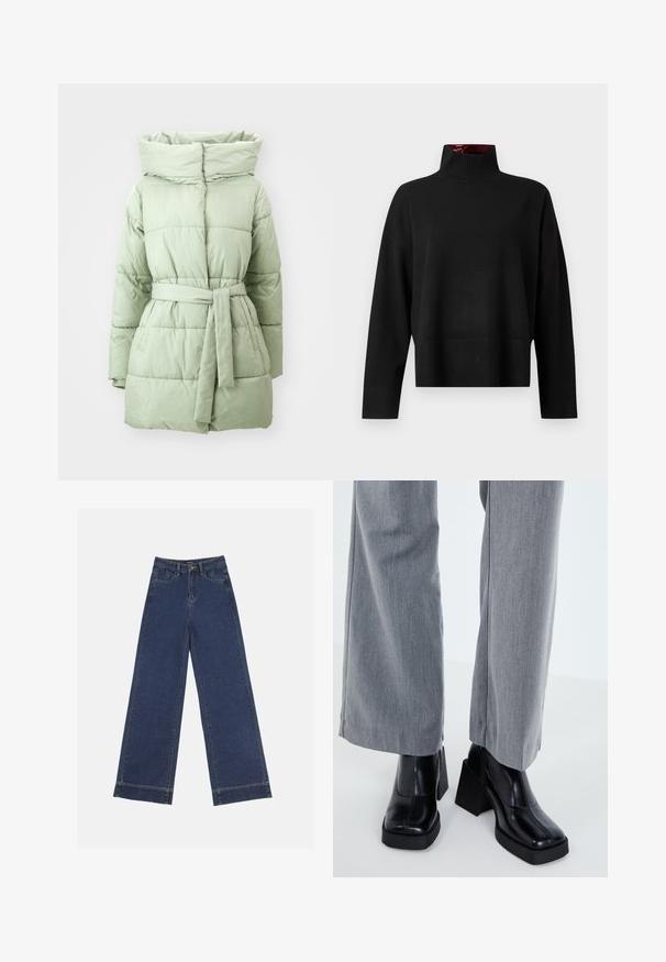 Jasnozielona kurtka puchowa z paskiem w talii, wysokim kołnierzem i poziomym pikowaniem, z gładką, błyszczącą powierzchnią.; Czarny sweter z golfem, wykonany z miękkiej przędzy. Posiada prążkowany kołnierz i mankiety, luźny krój oraz skróconą długość.; Jeans o szerokich nogawkach w ciemnoniebieskim dżinsie. Posiada pięć kieszeni, szlufki na pasek oraz surowy dół z widocznymi detalami szwów.; Czarny botek na obcasie z kwadratowym czubkiem, gładkie skórzane wykończenie i masywną platformą. Połączony z jasnoszarymi spodniami o szerokich nogawkach.