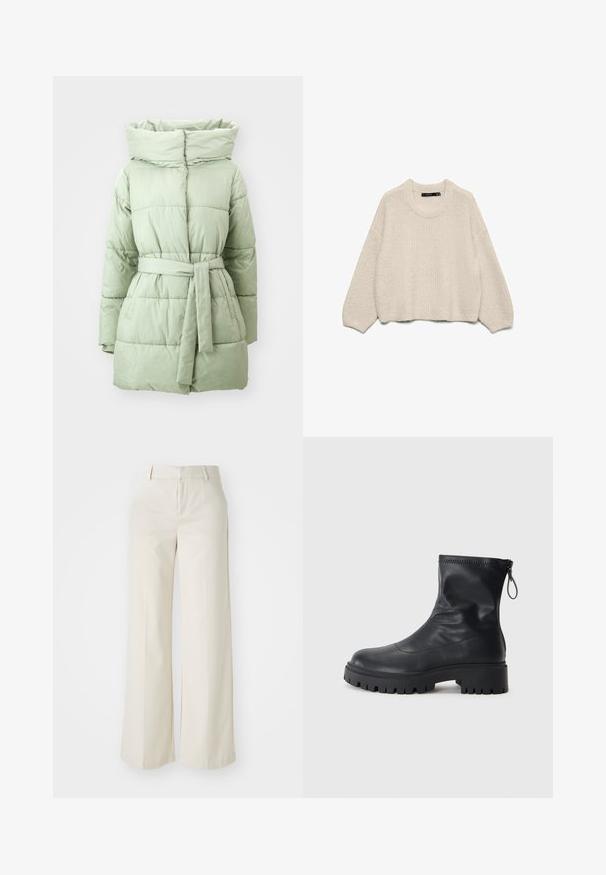 Hellgrüner Daunenmantel mit tailliertem Schnitt, hohem Kragen und horizontal gequilteter Textur, aus einem glatten, glänzenden Stoff gefertigt.; Helles beiges Strickpullover mit rundem Halsausschnitt, langen Ärmeln und einem strukturierten Muster. Lockerer Schnitt mit geripptem Saum und Bündchen.; Weite Hosen in einem hellbeigen Farbton, aus einem glatten Stoff gefertigt. Mit einem klassischen Bund und flachem Vorderteil, das klare Linien zeigt.; Schwarze Knöchelstiefel aus glattem Leder, mit runder Zehenpartie, robuster Gummisohle mit grobem Profil und einem Reißverschluss an der Rückseite.