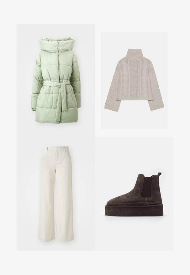 Light green puffer coat with a belted waist, high collar, and horizontal quilted texture, featuring a smooth, shiny fabric finish.; Cropped, light gray knit sweater with a high collar and ribbed cuffs, featuring textured cable patterns down the back and sides.; Wide-leg trousers in a light beige color, made of a smooth fabric. Features a classic waistband and flat front with clean lines.; Brown suede Chelsea boots with elastic side panels and a thick, textured platform sole. Features a pull tab at the heel for ease of wear.