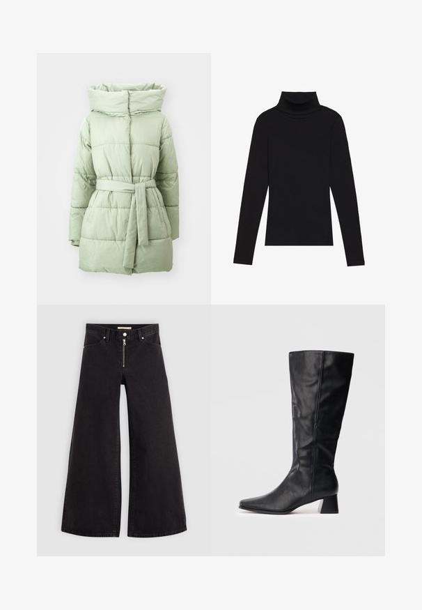 Lys grøn pufjakke med bælte i taljen, høj krave og vandret quiltet struktur, der har en glat, shiny stofoverflade.; Sort højhalset bluse med lange ærmer, lavet af ribbet stof, har et tætsiddende design med en høj krave og uden mønstre eller detaljer.; Vide ben jeans i sort denim med lynlås foran, fem lomme-design og subtile stikninger. Glat tekstur og afslappet stil.; Sort læderstøvle til midt på læggen med spids tå og blokhæl på ensfarvet lys baggrund.