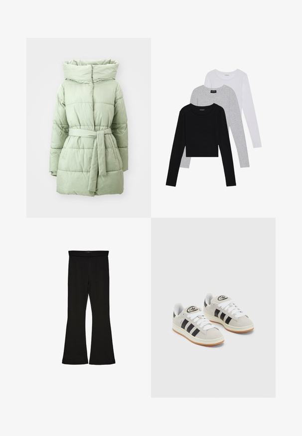 Giacca puffer verde chiaro con vita cin cin, colletto alto e texture trapuntata orizzontale, che presenta una finitura in tessuto morbido e lucido.; Tre magliette a maniche lunghe impilate: nera, grigia e bianca. Ognuna ha un colletto rotondo e un design accorciato con tessuto morbido e leggero.; Leggings a zampa nera realizzati in un tessuto elasticizzato. Presentano una vita alta e una superficie liscia, con una silhouette aderente che si ampia all'orlo.; Sneakers in suede grigio con lacci bianchi, strisce nere e suola in gomma bianca. Presentano un logo circolare sulla linguetta e una suola in gomma.