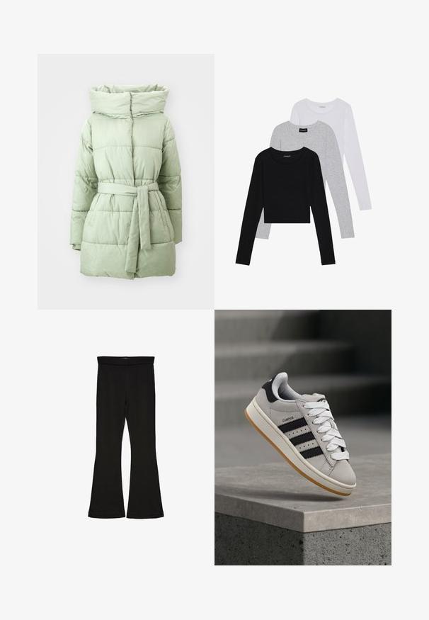 Lichtgroene pufferjas met een koppeling in de taille, hoge kraag en horizontale quiltstructuur, met een gladde, glanzende stofafwerking.; Drie langmouwige tops gestapeld: zwart, grijs en wit. Elke top heeft een ronde halslijn en een cropped ontwerp van soepel, lichtgewicht materiaal.; Zwarte flare leggings gemaakt van rekbaar materiaal. Beschikt over een brede tailleband en een zachte textuur, met een getailleerd silhouet dat uitloopt bij de zoom.; Grijze Adidas Campus sneaker met zwarte strepen en witte veter, zwevend boven een betonnen richel met trappen op de achtergrond.