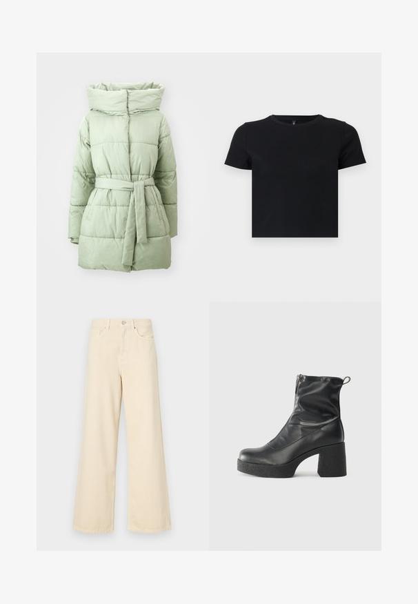 Svijetlozeleni puffer kaput s pojasom u struku, visokim ovratnikom i horizontalnom s quiltanom teksturom, s glatkom, sjajnom završnom obradom.; Crna majica s kratkim rukavima napravljena od mekanog pamuka. Ima okrugli izrez i pripijen kroj. Glatka tekstura bez uzoraka ili naglasaka.; Bež traperice širokih nogavica napravljene od pamuka. Imaju zatvaranje na dugme, petlje za remen i prednje džepove s glatkom, mekanom teksturom.; Crne gležnjače od glatke kože, s bočnim zatvaračem, debelim teksturiranim potplatom i dizajnom s zaobljenim prstima.