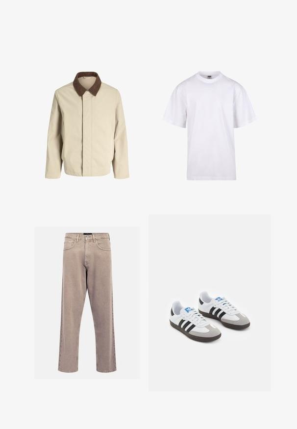 Veste beige clair avec un col en velours côtelé marron, coupe droite, fermeture à l'avant et poches latérales. Texture lisse avec un minimum de coutures.; T-shirt en coton blanc avec un col rond, des manches courtes et une coupe décontractée. Présente un design uni sans motifs ni accents.; Jeans beige à jambes droites en denim, avec un design classique à cinq poches, des accents cousus et une finition d'ourlet propre.; Baskets avec une tige en cuir blanc, un bout en daim gris et trois bandes noires. Présente un logo bleu sur la languette et une semelle en caoutchouc texturée.
