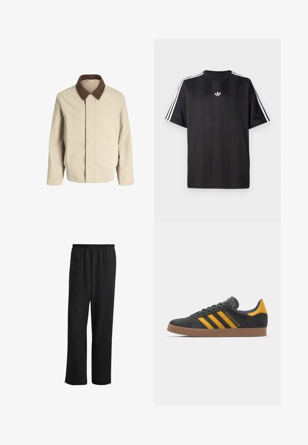 Giacca beige chiaro con colletto in velluto a coste marrone, design a taglio dritto, chiusura frontale e tasche laterali. Tessuto liscio con cuciture minime.; Maglietta nera a maniche corte con dettagli bianchi a tre strisce sulle spalle e un piccolo logo bianco sul petto. Tessuto dalla texture liscia.; Pantaloni sportivi neri con vita elasticizzata, design a gamba dritta, tasche laterali e polsini con zip, realizzati in un tessuto liscio e leggero.; Sneaker in suede nero con dettagli gialli, dotato di tre strisce e una suola in gomma marrone. Include una linguetta imbottita per il comfort.