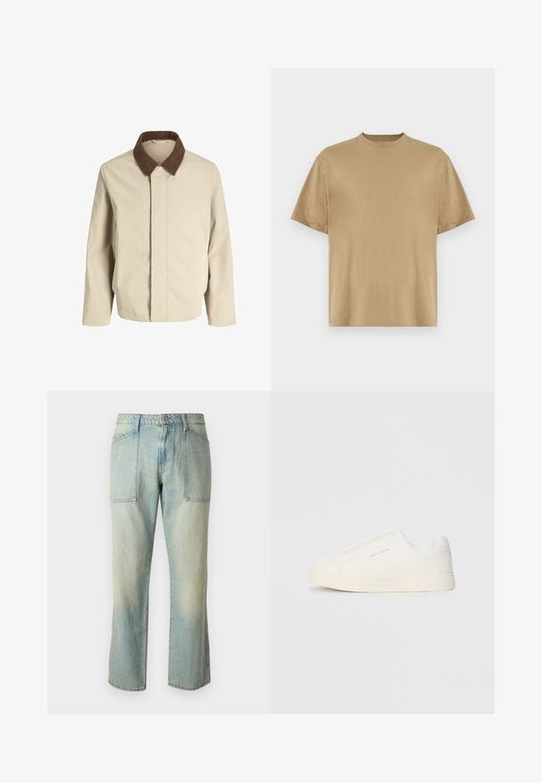 Helle beigefarbene Jacke mit einem braunen Cordkragen, geradlinigem Design, Frontverschluss und Seitentaschen. Glatte Textur mit minimaler Naht.; Khakifarbenes T-Shirt mit kurzen Ärmeln aus weichem Stoff, mit einem Rundhalsausschnitt und einer lockeren Passform. Keine Muster oder Grafiken sichtbar.; Helle blaue Jeans mit geradem Bein, sichtbaren Nähten und zwei großen Fronttaschen. Der Stoff hat eine ausgewaschene Textur.; Weiße Slip-On-Sneaker mit einer strukturierten Oberfläche, dicker Sohle und minimalistischem Design. Mit Logo der Marke an der Seite.