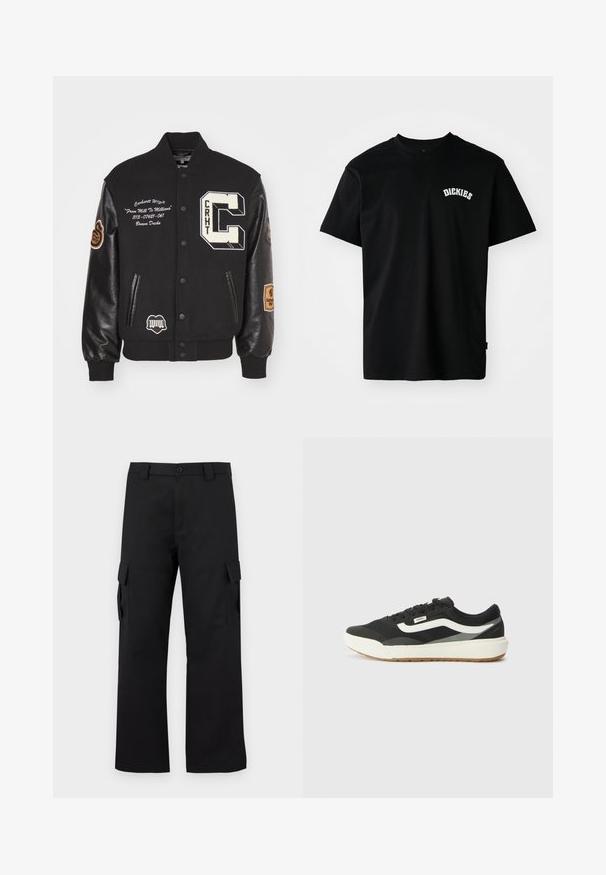 Crna varsity jakna s kožnim rukavima, sa veznim aplikacijama i bijelim tekstom. Značajni detalji uključuju veliko slovo "C" i logotipe.; Crna pamučna majica s kratkim rukavima i okruglim izrezom. Ima bijeli zakrivljeni logo "DICKIES" na prsima. Jednostavan dizajn, bez uzoraka.; Crne cargo hlače ravnog kroja. Izrađene od izdržljivog materijala, s dva bočna džepa s preklopima i zaštitnim gumbom.; Crne tenisice s bijelim detaljima, s glatkim sintetičkim gornjim dijelom, okruglog oblika i gumenenim potplatom, uparene sa svijetlosmešanim hlačama.
