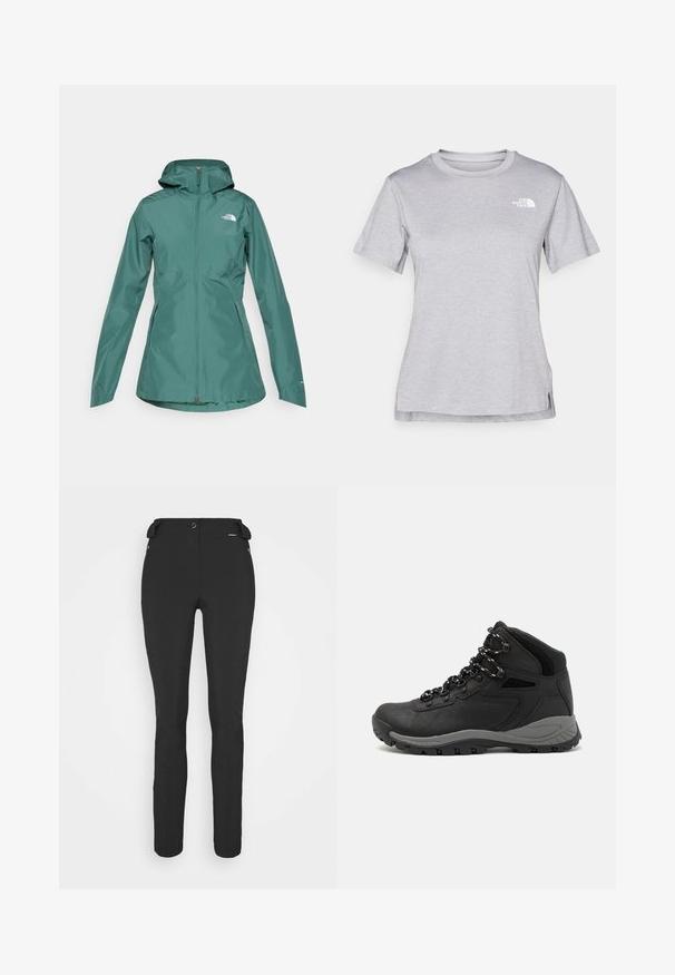 Teal waterproof jacket with a hood, full zip, and two side pockets. Features a logo on the chest and is made from a smooth, lightweight material.; Grey short-sleeve t-shirt made of soft, moisture-wicking fabric. Features a crew neck and a small white logo on the upper left.; Black, fitted pants made from a flexible material. Features include a zippered side pocket, articulated knees, and a smooth texture.; Black hiking boot with a mid-top design, featuring a textured upper, gray accents, and durable rubber sole with traction lugs.