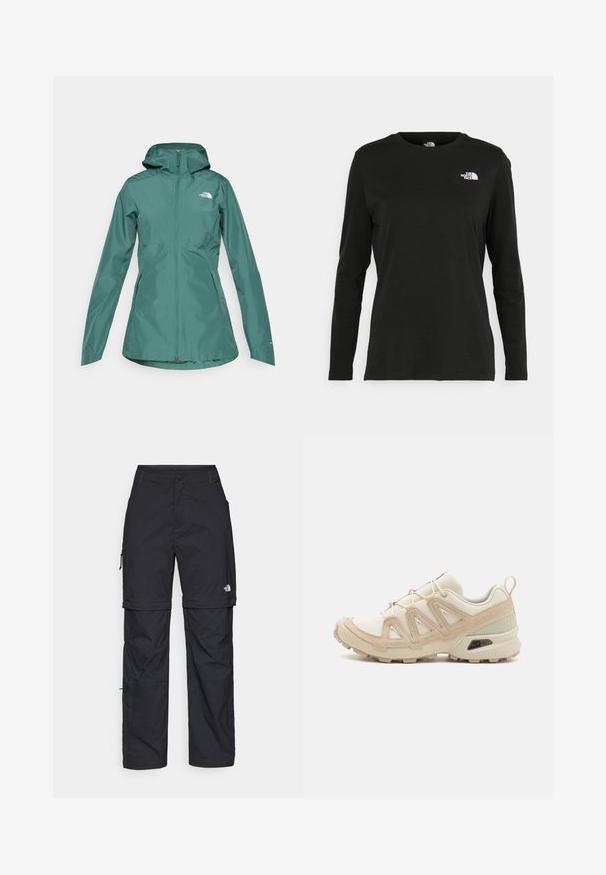 Tyrkysová nepremokavá bunda s kapucňou, plným zipsom a dvoma bočnými vreckami. Obsahuje logo na hrudi a je vyrobená z hladkého, ľahkého materiálu.; Čierne tričko s dlhým rukávom vyrobené z bavlny s okrúhlym výstrihom. Obsahuje malé biele logo na ľavej strane hrudníka. Jednoduchý dizajn a strih.; Čierne nylonové cargo nohavice s odnímateľnými nohavicami, nastaviteľnými manžetami, viacerými vreckami a logom na pravej nohe. Hladká, ľahká textúra.; Beige a krémová športová obuv s textúrovaným sieťovým zvrškom, podporujúcimi prekrytiami a gumovou podrážkou s dezénom pre trakciu.