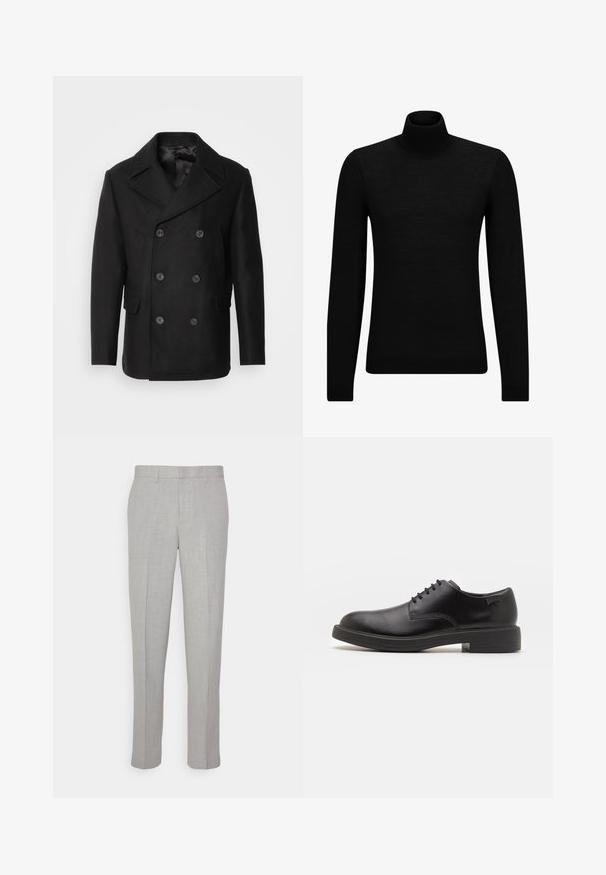 Isaac Dewhirst NEW SHORT PEACOAT SIDE ENTRY - Light jacket - black; Black turtleneck sweater made of soft material, featuring long sleeves and a snug fit. Ribbed trim at the hem and cuffs. Simple design.; Light gray trousers with a smooth texture, flat front, and straight legs. Made of breathable fabric, featuring internal pockets and belt loops.; Black leather lace-up shoe with a rounded toe, smooth texture, minimal stitching, and a low rubber heel. Logo on the heel.
