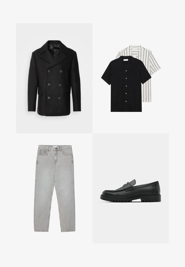 Isaac Dewhirst NEW SHORT PEACOAT SIDE ENTRY - Jachetă subțire - black; Două cămăși cu mânecă scurtă: una complet neagră, iar cealaltă albă cu dungi verticale negre. Ambele au închidere cu nasturi și un guler clasic.; Pantaloni din denim gri deschis cu un design cu picioare drepte, stil cu cinci buzunare și închidere cu nasture. Cusături vizibile de-a lungul cusăturilor.; Mocasini din piele neagră cu vârful rotunjit, având un design cusut, talpă joasă și o talpă din cauciuc texturat, cu crampoane.