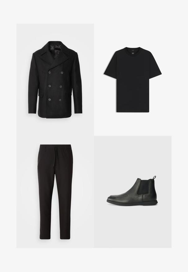 Isaac Dewhirst NEW SHORT PEACOAT SIDE ENTRY - Overgangsjakke - black; Sort kortærmet T-shirt lavet af en glat bomuldsblanding, med en rund halsudskæring og et minimalistisk design uden mønstre eller accenter.; Sorte joggebukser lavet af glat stof. Har en elastisk talje med snor, tætsiddende ben og ingen synlige lommer. Enkel design.; Sorte læder ankelstøvler med en glat overflade, elastiske sidepaneler og en løkke bagpå. Rundet tå og gummisål.