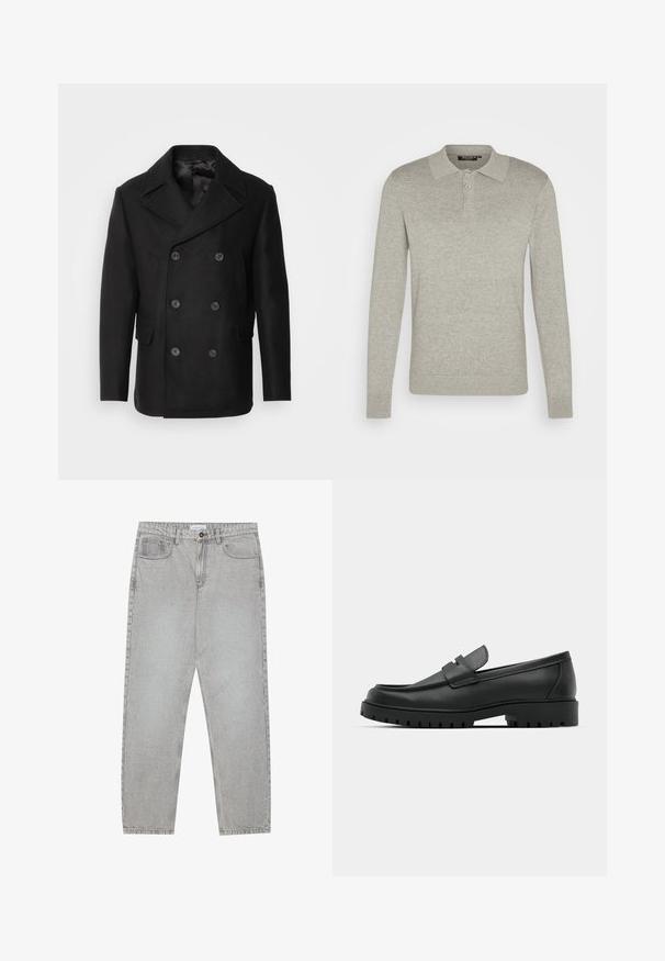 Isaac Dewhirst NEW SHORT PEACOAT SIDE ENTRY - Casaco leve - black; Polo de manga longa cinza claro, feito de um tecido suave, com uma pala de três botões e punhos canelados, apresentando um design de colarinho clássico.; Calças de ganga cinza claro com um design de perna reta, estilo de cinco bolsos e fecho com botão. Costura visível ao longo das costuras.; Sapatilhas de couro preto com bico arredondado, apresentando um design cosido, sola de plataforma baixa e um solado de borracha texturizado e com cravos.