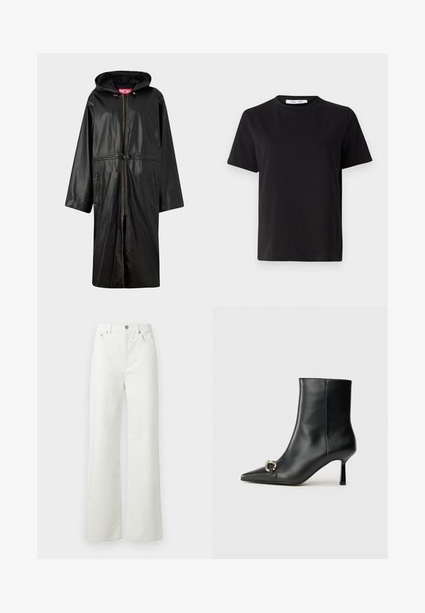 Casaco longo sintético preto com capuz, apresentando um fecho central, cordão na cintura e detalhes em costura contrastante. Dois bolsos laterais.; T-shirt preto de manga curta feito de algodão suave, com decote redondo, ajuste descontraído e uma textura suave. Sem padrões ou gráficos visíveis.; Samsøe Samsøe SHELLY - Calças de ganga de corte relaxado - clear cream; Bota preta de couro até ao tornozelo com bico apontado, salto slim de altura média e detalhe em fivela prateada de lado, contra um fundo simples.