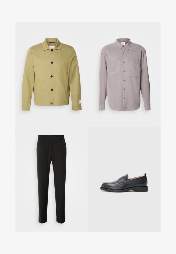 Licht olijfgroene jas van linnen, met een rechte snit, zwarte knopen en een label op de mouw. Geen patronen of versieringen zichtbaar.; Langschild overhemd in gedempt grijs stof, met twee borstzakken, een klassieke kraag en tonale knoopsluitingen.; Zwarte broek van gladde stof, met rechte pijpen, een knoopsluiting en een klassiek ontwerp dat geschikt is voor zowel formele als casual gelegenheid.; Zwarte leren loafers met een gladde afwerking, een platte zool en een ronde neus met een decoratieve band over de bovenkant.