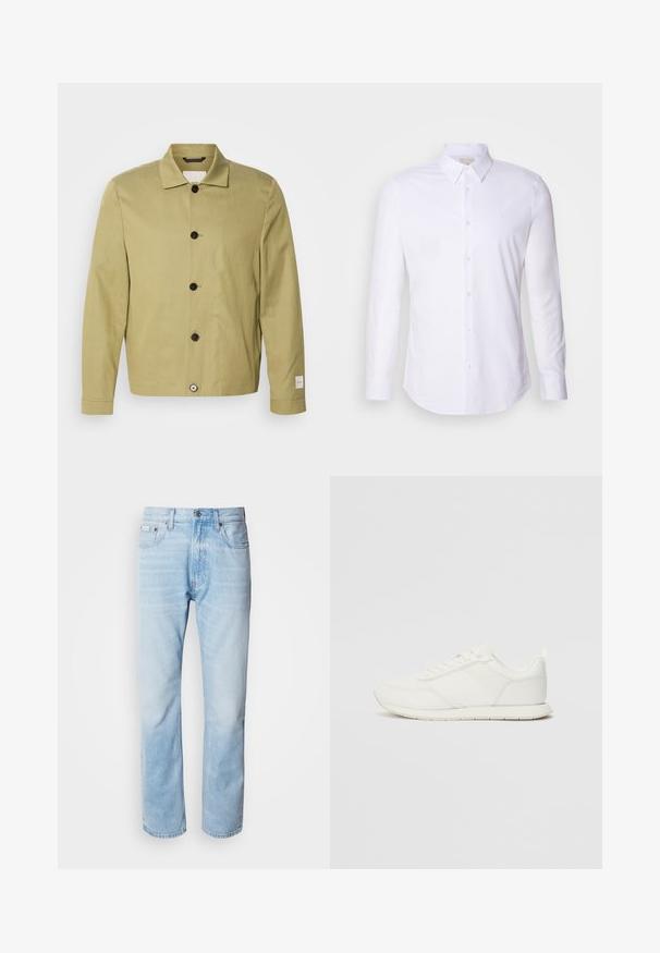 Vihreäoliivinvärinen pellav jacket, jossa on suora leikkaus, mustat napit ja tagi hihassa. Ei näkyviä kuvioita tai koristeita.; Valkoinen pitkähihaista nappipaitaa sileässä kankaassa, jossa on klassinen kaulus, etunapit ja hillitty logo rinnassa.; Vaaleansiniset farkut suoranlahkeisella leikkauksella, joissa on haalistuneita kohtia, viisi taskua ja klassinen nappisuljenta.; Valkoiset tennarit, joissa on verkkokankainen ja synteettinen yläosa, pyöreä kärki, litteät nauhat sekä teksturoitu sivuviiru. Kumipohja ja vetoketju takana.