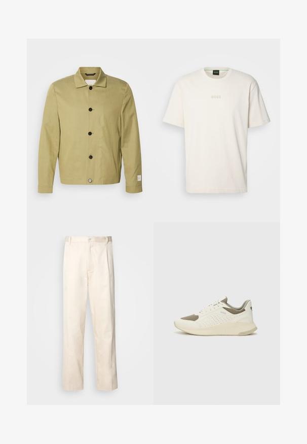 Φωτεινό ελαιόχρωμο σακάκι φτιαγμένο από λινό, με ίσια γραμμή, μαύρα κουμπιά και ετικέτα στο μανίκι. Δεν υπάρχουν ορατά σχέδια ή διακοσμήσεις.; BOSS TEE - Βασικό μπλουζάκι - open white; Μπεζ βαμβακερό παντελόνι με ίσια γραμμή, διαθέτει κουμπί κλεισίματος και πτυχές στο μπροστινό μέρος για επιπλέον λεπτομέρεια.; Λευκό και ανοιχτό μπεζ αθλητικό παπούτσι, με επάνω μέρος από διχτυωτό υλικό, διακοσμήσεις με περφορέ και υφή στην ενδιάμεση σόλα με επωνυμία στη φτέρνα.