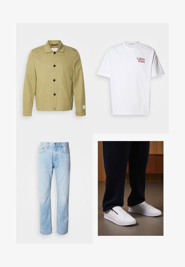Lys olivengrøn jakke lavet af linned, med lige snit, sorte knapper og et mærke på ærmet. Ingen mønstre eller udsmykninger synlige.; Hvid bomulds t-shirt med rund hals, korte ærmer og rødt broderet "Calvin Klein" logo på brystet.; Lyseblå denimjeans med lige ben, har slidte sektioner, fem lomme-design og en klassisk knapåbning.; Hvide sneakers med en glat læderfinish, flad sål og snørebåndsdesign. Lynlåsdetaillen på siden tilføjer funktionalitet. Sammen med mørke joggers.