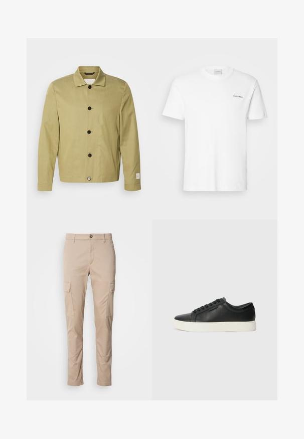 Világos oliva zöld vászonzakó, egyenes szabással, fekete gombokkal és egy címkével az ujjon. Nincsenek látható minták vagy díszítések.; Fehér pamut póló rövid ujjakkal és kerek nyakkivágással. Bal mellkason egy kis fekete "Calvin Klein" logó található.; Beige cargo nadrág, két oldalsó zsebbel, slim fit szabással, könnyű anyagból készült, elöl gombos záródással és övhurkokkal.; Fekete bőr sportcipők perforált textúrával, kerek orral és lapos fehér gumi talppal. Fekete fűzőkkel és diszkrét logóval az oldalon.
